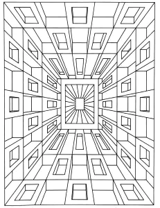 Coloriage Op Art (par l'artiste Jean Larcher). Plongez littéralement dans ce coloriage, qui représente une illusion d'optique impressionnante donnant une réelle impression de profondeur et de hauteur. Impression De Profondeur