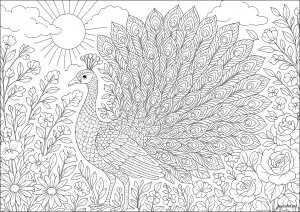 Majesté du Paon. Un paon déploie son impressionnante roue au cœur d'un jardin luxuriant. Ses plumes détaillées et les éléments floraux offrent une expérience de détente créative. Majesté du paon