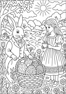 Fille avec un lapin dans un jardin