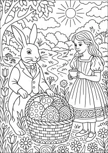 Fille avec un lapin dans un jardin. Une fille tient une tasse à côté d'un lapin qui porte un panier rempli d'œufs décorés.
