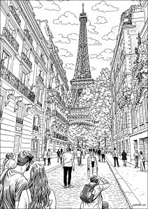 Promenade parisienne dans une rue face à la Tour Eiffel