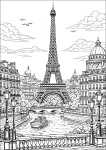 Splendeur urbaine sous le ciel parisien. Vue de la tour Eiffel au bord de la Seine avec des bâtiments élégants en arrière-plan. Les lampadaires bordent les rues et des nuages parsèment le ciel.