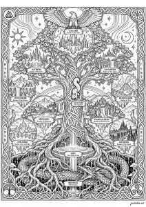 Arbre avec animaux et paysages mythiques