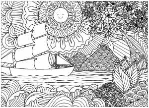 coloriage-paysage-marin-avec-bateau-et-soleil