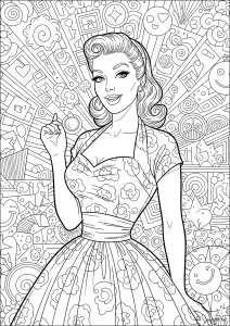 Élégance rétro et motifs étranges. Cette illustration représente une femme au style vintage entourée de formes géométriques et de motifs joyeux. Élégance rétro et motifs étranges