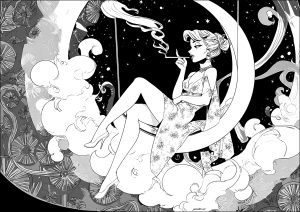 Jeune fille fumant une cigarette dans le ciel