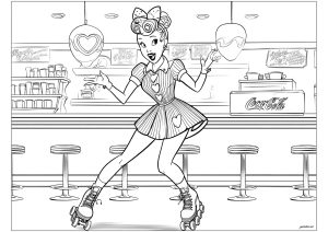 Jeune serveuse sur patins à roulette