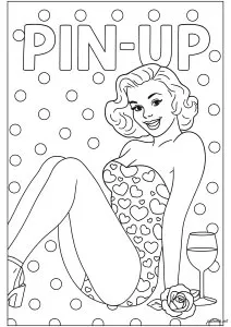 Élégance rétro. Cette illustration capture une femme au style rétro / pin-up, arborant un maillot de bain à motifs amusants et un sourire engageant, accompagnée d'une rose et d'un verre. Élégance rétro