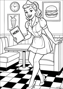 Serveuse souriante dans un diner américain. Cette illustration met en scène une serveuse dans un diner américain vintage, prête à prendre la commande des clients. Serveuse souriante dans un diner américain