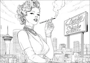 Jeune femme et sa cigarette Lucky Strike