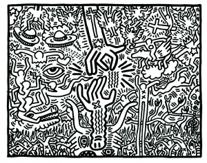 Coloriage complexe inspiré par l'univers de Keith Haring