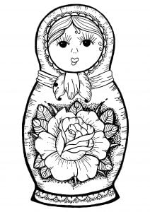 Coloriage poupee russe et fleur dessin main