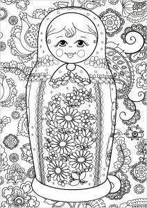 Coloriage poupee russe fleurs fond