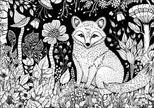 Coloriage renard au milieu fleurs isa