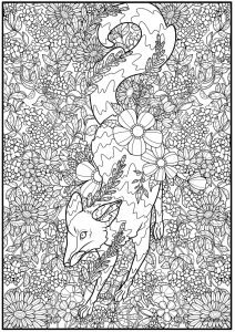 Coloriage renard et fleurs sauvages