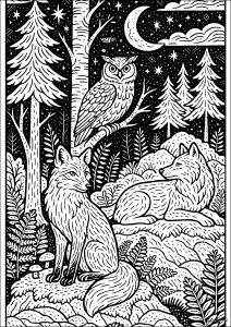 Renard, hibou et loup dans la forêt nocturne. Un renard roux, un hibou grand-duc et un loup gris se retrouvent dans une forêt nocturne mystérieuse, entourés de conifères, de fougères et de champignons. La lune voilée et les motifs décoratifs du ciel invitent à une ambiance calme et envoûtante à mettre en couleurs.