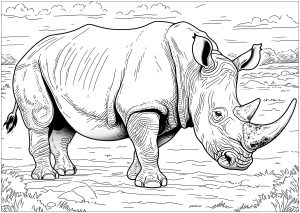 Dessin de Rhinocéros réaliste, dans son milieu naturel