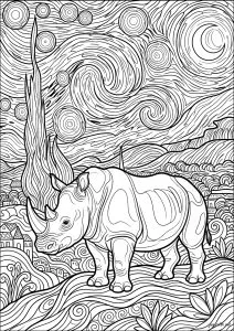 Rhinocéros debout sous un ciel étoilé