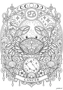 Crabe avec symbole du zodiaque cancer. Un crabe au centre orné de motifs, entouré de vagues et de coquillages, avec le symbole du cancer au-dessus.