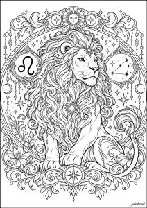 Signe astrologique du Lion. Un majestueux lion entouré d’étoiles, de symboles célestes et du glyphe astrologique du Lion. Ce signe du zodiaque, associé à la force, au charisme et à la confiance en soi, est ici représenté dans une composition richement ornée aux accents mystiques et cosmiques.