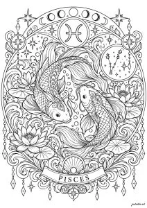 Signe astrologique des Poissons. eux poissons aux écailles finement dessinées nagent parmi les lotus et les vagues, entourés de leur constellation, des phases de la Lune et d’élégantes arabesques. En astrologie, les Poissons sont un signe d’eau associé à la sensibilité, à l’intuition et à la créativité, traditionnellement attribué aux personnes nées du 19 février au 20 mars.