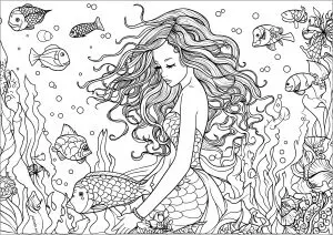 Sirène Songeuse Et Jolis Poissons