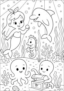 Sirène et amis des fonds marins. Une jeune sirène joue avec une perle entourée d'un dauphin joyeux, d'un hippocampe et d'un poulpe malicieux. Un décor sous-marin féerique de coraux, algues et bulles invite à un voyage imaginaire inspiré du Voyage dans la Lune.
