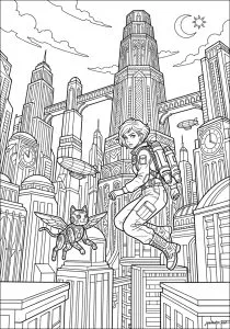 Jeune ville volant avec un jetpack, avec son robot chat. Une jeune fille avec un jetpack volle entre des gratte-ciel. À côté, un chat robot avec des ailes plane.