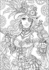 Aventurière Steampunk avec Perroquet mécanique