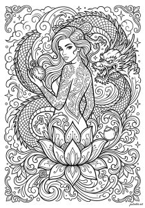 Tatouage avec une femme tatouée, un dragon et une fleur de lotus