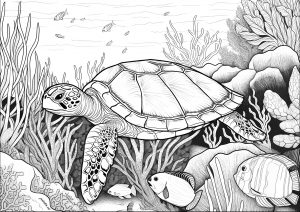 Coloriage tortue fonds marins poissons complexe isa