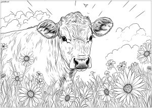 Jolie vache dans les prés remplis de fleurs