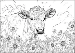 Jolie vache dans les prés remplis de fleurs