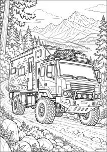 Camion sur un chemin de montagne. Un camion avance sur un chemin entouré de montagnes avec des arbres et des rochers autour.