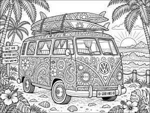 Van décoré sur une plage avec palmiers