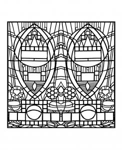 Coloriage pour adulte créé à partir d'une photo de vitrail : l'apparition bleue, chapelle Edegem (aujourd'hui disparue) - version carrée