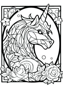 Vitrail imaginaire avec Licorne vue de profil et jolies fleurs