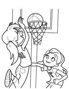 Página para colorear de niñas jugando al baloncesto