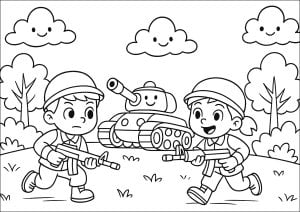 Niños jugando con disfraces y tanque falso