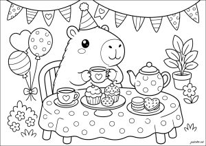 Capibara con un sombrero de fiesta tomando té