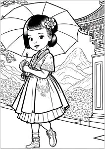 Niña China Con Paraguas