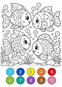 Cuatro peces para colorear con los colores correctos. Dibujo con cuatro peces sonrientes con áreas numeradas, burbujas alrededor, algas y rocas.
