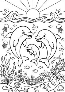 Familia feliz de Delfines en el mar