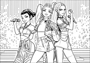 Rendimiento enérgico de las tres cantantes de Huntrx