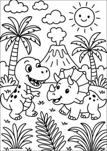 Amigos prehistóricos. Un joven T-Rex y su amigo Triceratops se divierten cerca de un volcán. El sol sonríe en un cielo salpicado de nubes algodonadas y helechos gigantes. Amigos prehistóricos