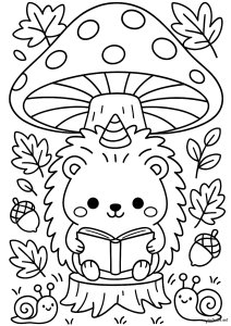 Un adorable Erizo bajo una seta. Un sonriente Erizo está leyendo un libro, sentado en un tocón, rodeado de hojas, bellotas y pequeños caracoles. Una seta con puntos de colores se eleva sobre él. Un Adorable Erizo Bajo Una Seta