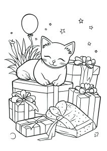 Un gato y muchos regalos envueltos