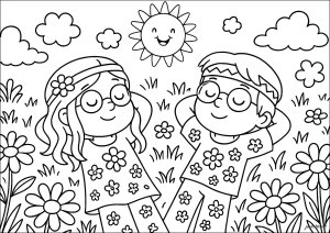 Niños felices en un campo florido