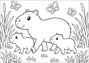 Capibara con dos pequeños y mariposas