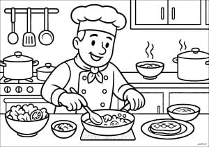 Chef preparando un plato en una gran cocina. Un bonito diseño que muestra un plano de cocina con utensilios, ollas y sartenes, y platos en preparación. Chef Preparando Un Plato En Una Gran Cocina